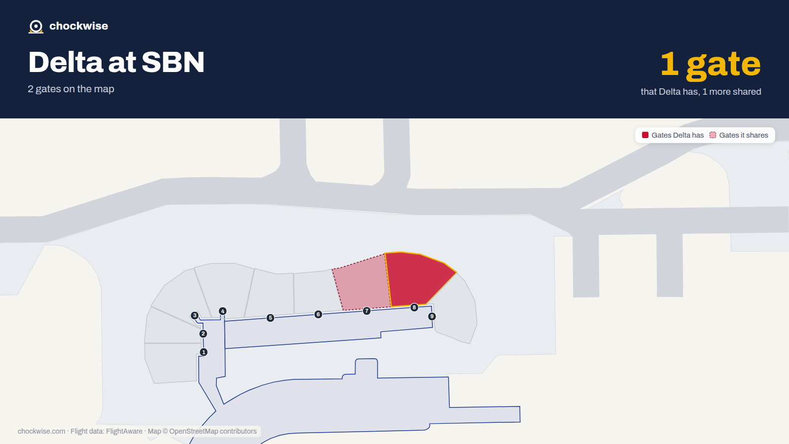 Map of SBN with the gates Delta Air Lines uses highlighted: 8.
