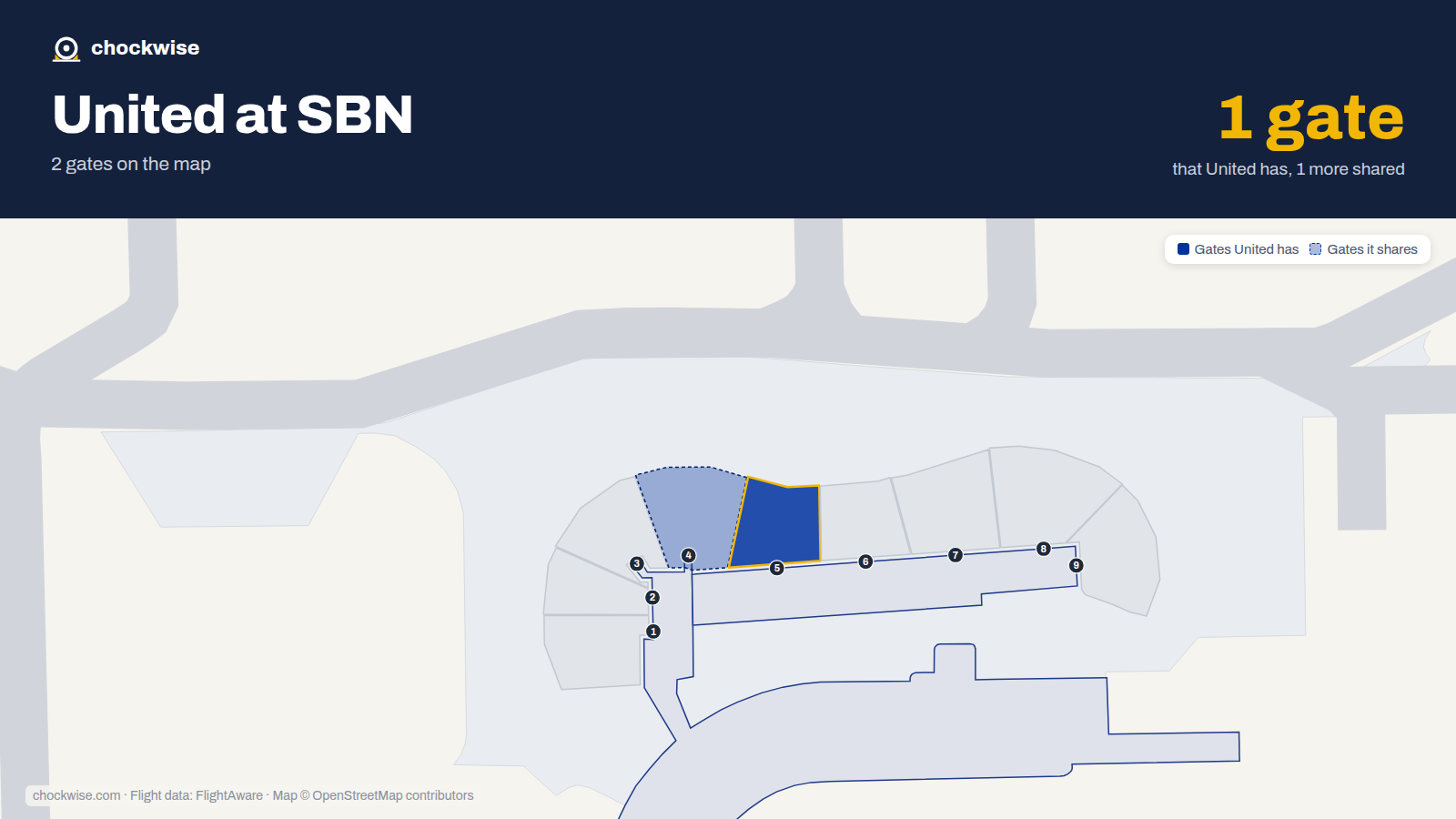 Map of SBN with the gates United Airlines uses highlighted: 5.