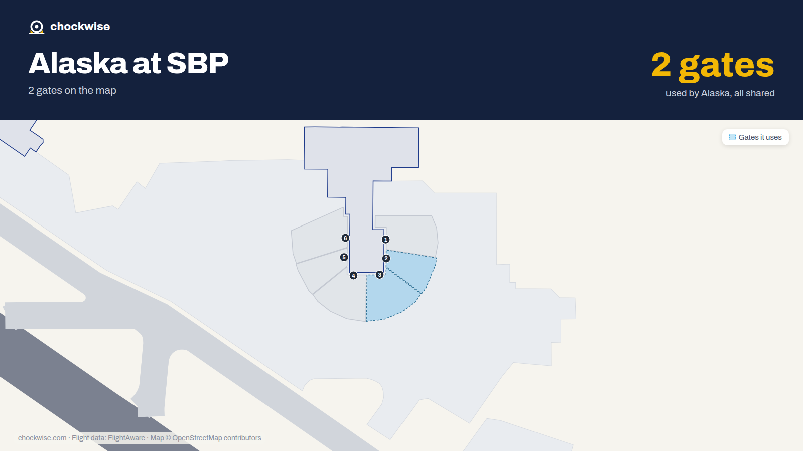 Map of SBP with the gates Alaska Airlines uses highlighted: 2 and 3.
