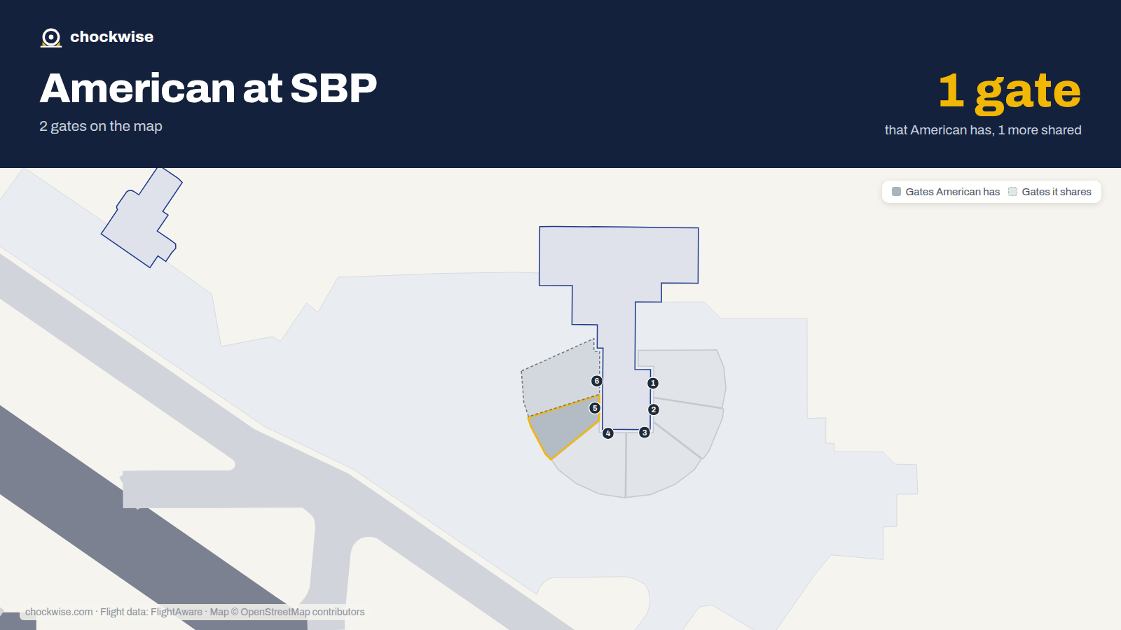Map of SBP with the gates American Airlines uses highlighted: 5.