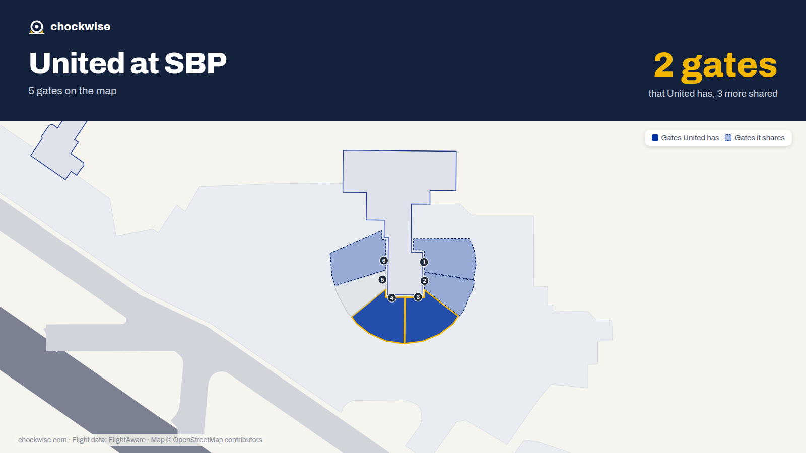 Map of SBP with the gates United Airlines uses highlighted: 3 and 4.
