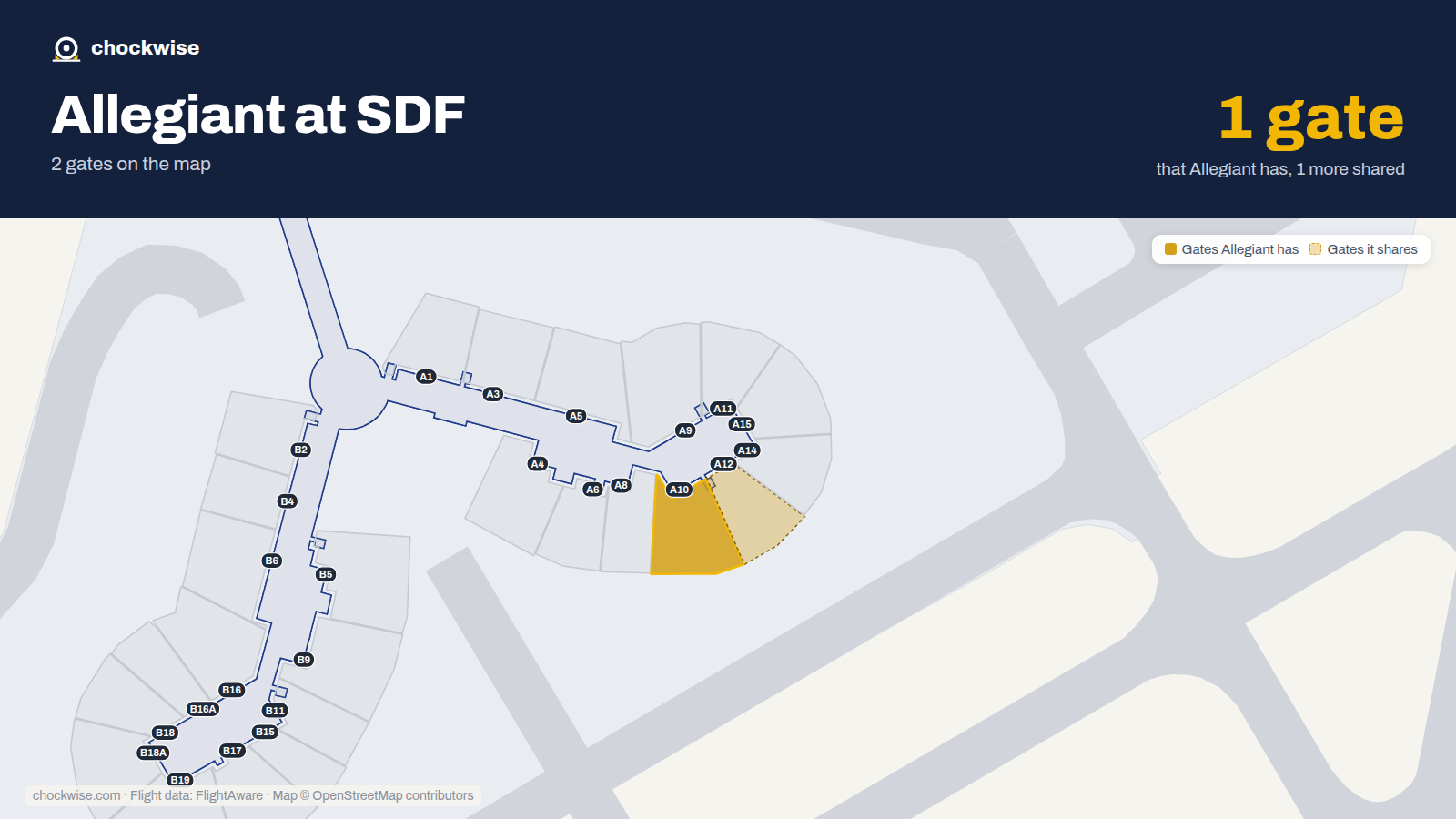 Map of SDF with the gates Allegiant Air uses highlighted: A10.