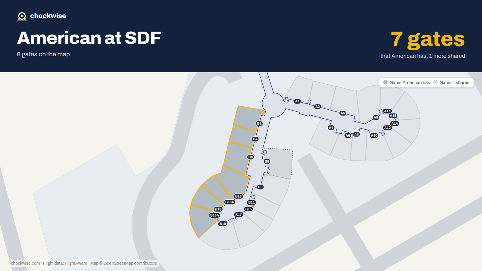 Map of SDF with the gates American Airlines uses highlighted: B2, B4, B6, B16, B16A, B18 and B18A.