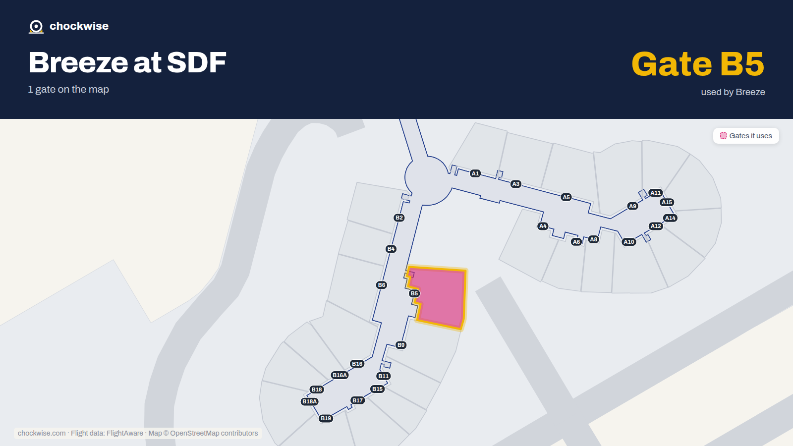 Map of SDF with the gates Breeze Airways uses highlighted: B5.