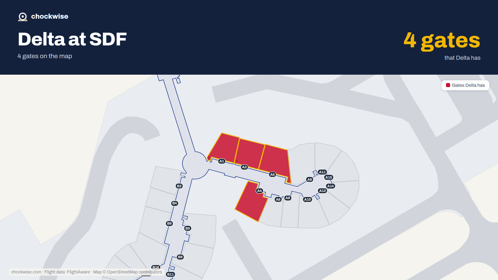 Map of SDF with the gates Delta Air Lines uses highlighted: A1, A3, A4 and A5.