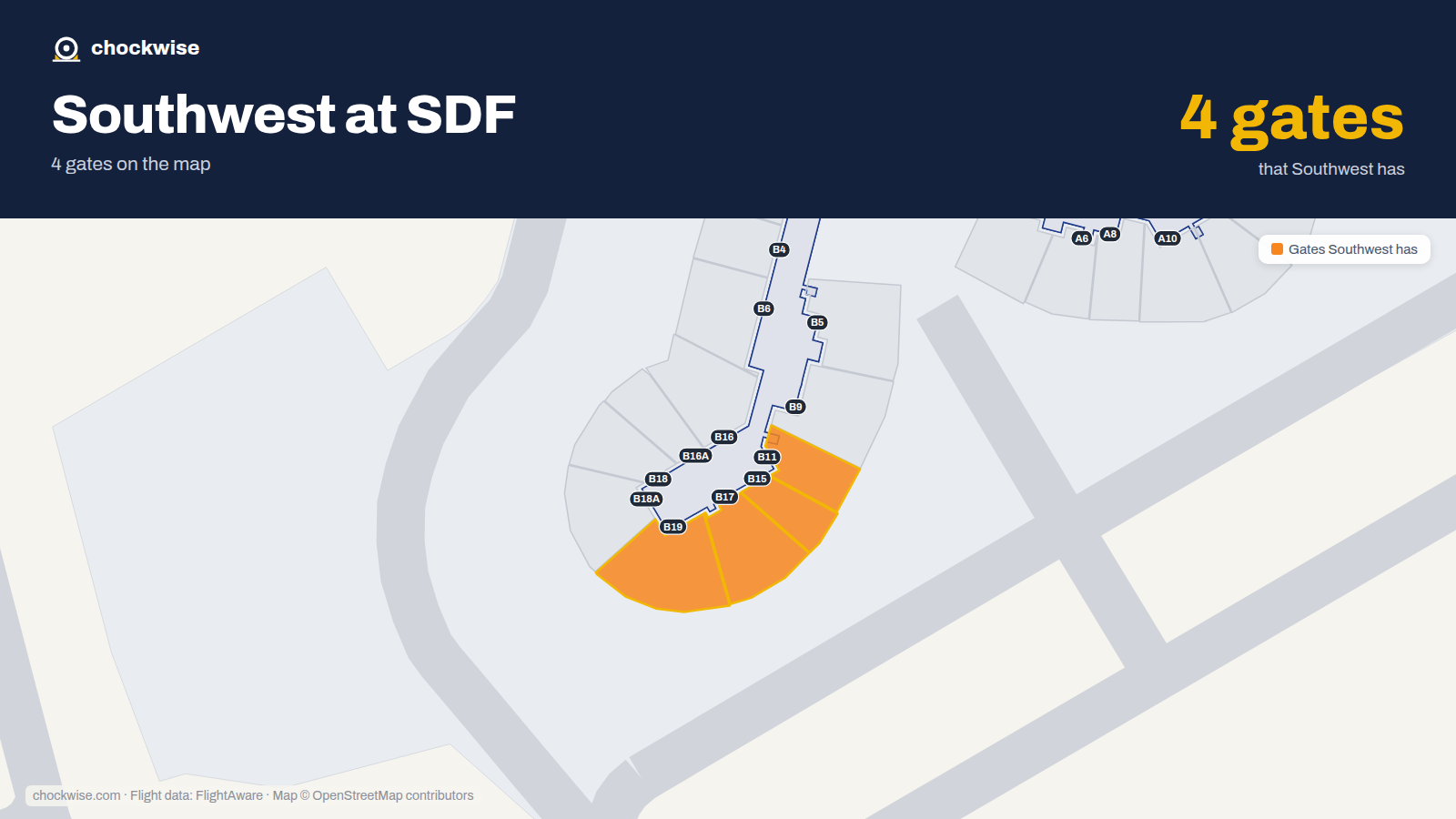 Map of SDF with the gates Southwest Airlines uses highlighted: B11, B15, B17 and B19.