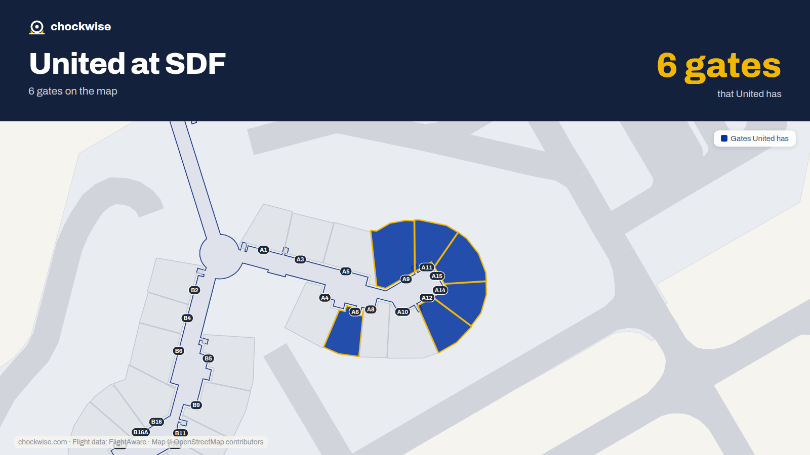 Map of SDF with the gates United Airlines uses highlighted: A6, A9, A11, A12, A14 and A15.