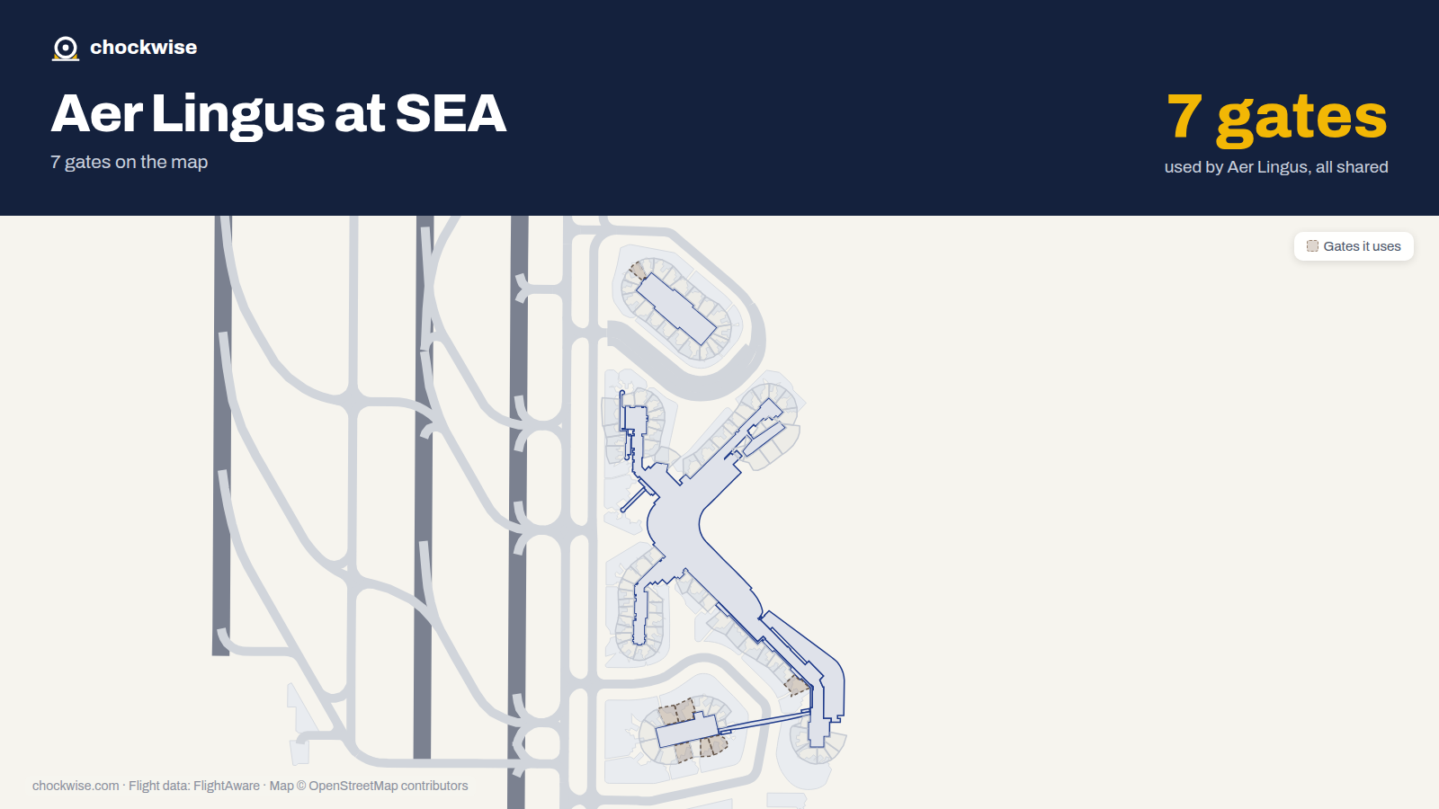 Map of SEA with the gates Aer Lingus uses highlighted: S1, S3, S4, S9, A10, S10 and N16.