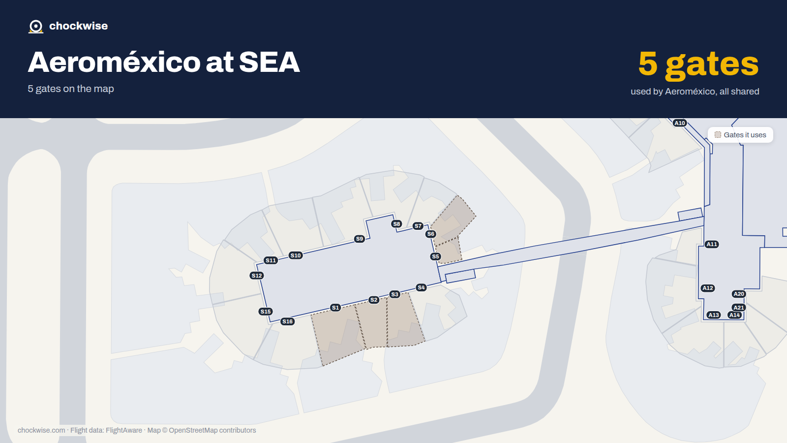Map of SEA with the gates Aeroméxico uses highlighted: S1, S2, S3, S5 and S6.