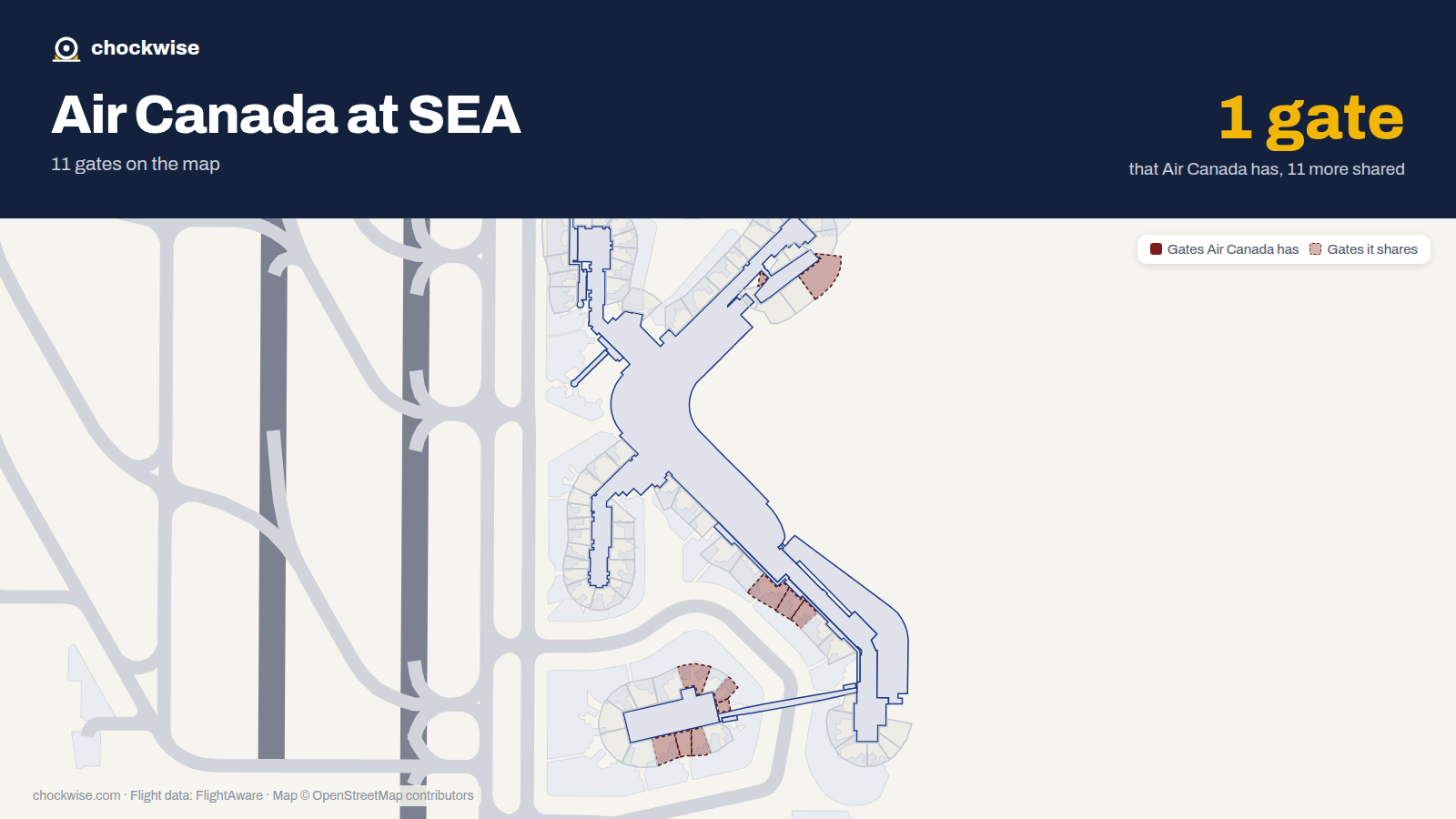 Map of SEA with the gates Air Canada uses highlighted: S1, S1A, S1B, S2, S3, S5, A6, S6 and 5 more.