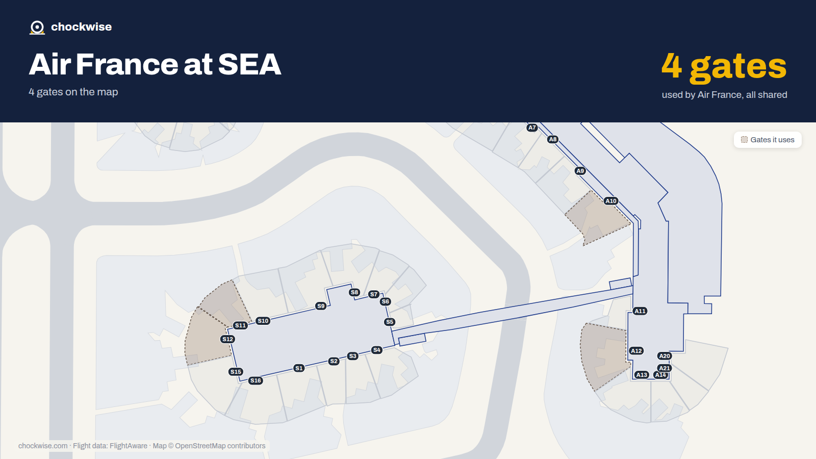 Map of SEA with the gates Air France uses highlighted: A10, S11, A12 and S12.