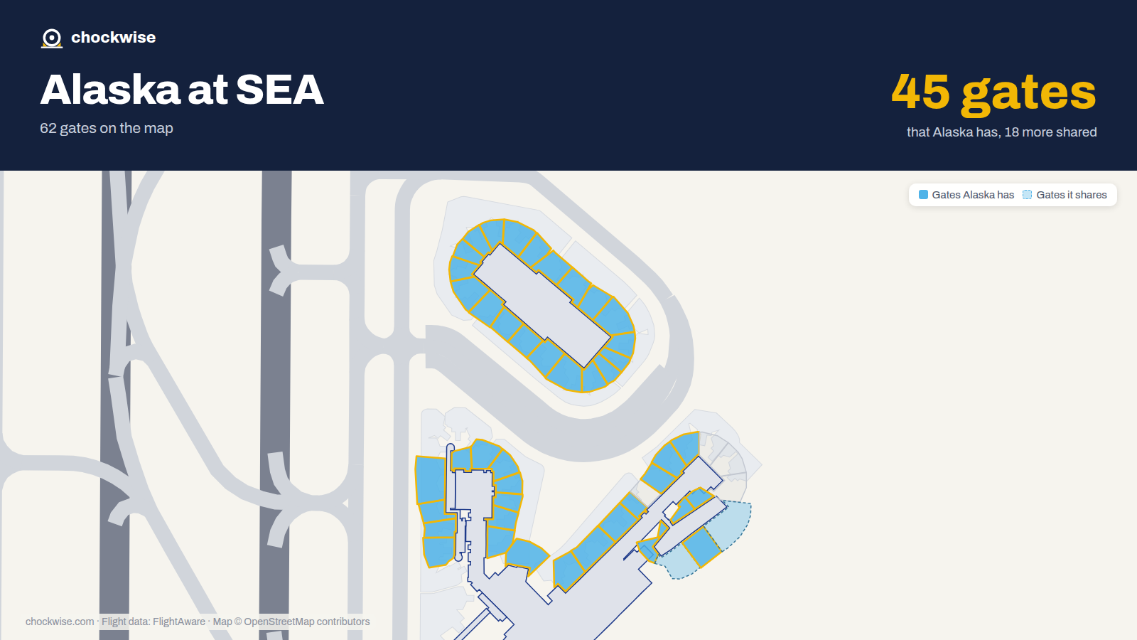 Map of SEA with the gates Alaska Airlines uses highlighted: D1, N1, C2, D2, N2, C3, D3, N3 and 36 more.