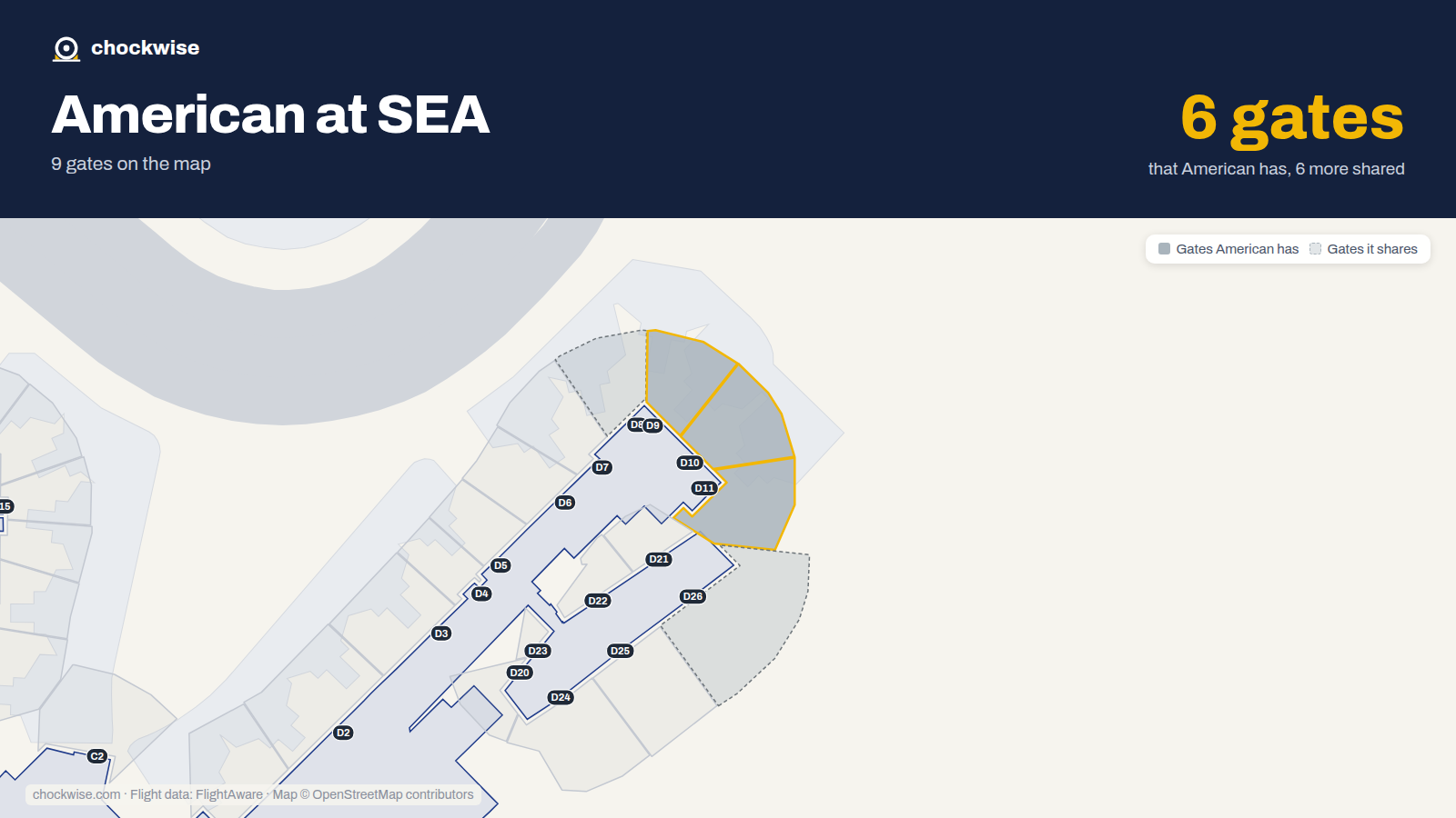 Map of SEA with the gates American Airlines uses highlighted: D9, D10 and D11.