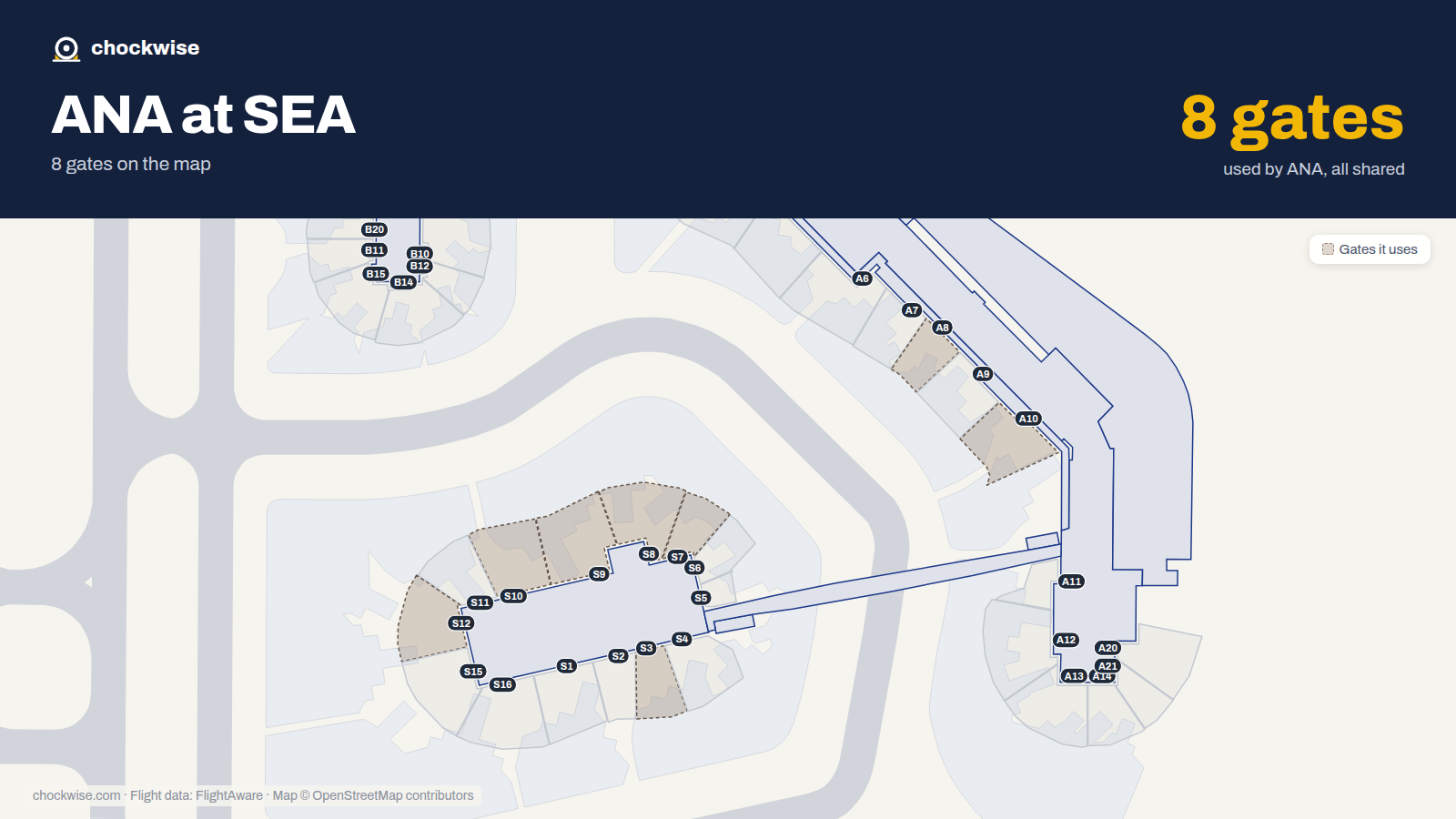 Map of SEA with the gates All Nippon Airways (ANA) uses highlighted: S3, S7, A8, S8, S9, A10, S10 and S12.