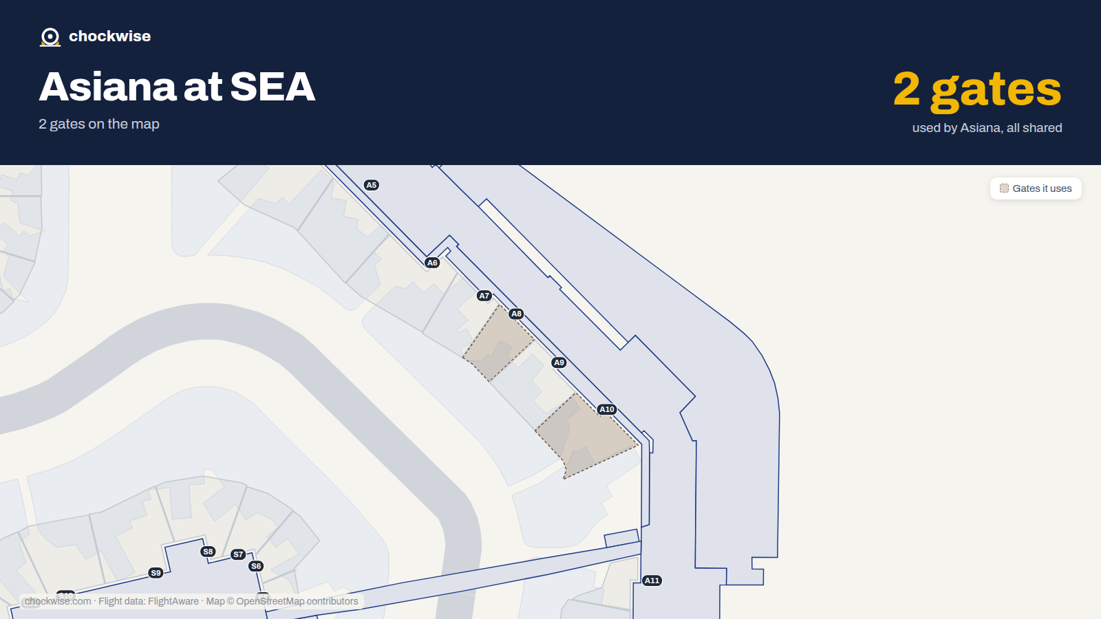 Map of SEA with the gates Asiana Airlines uses highlighted: A8 and A10.