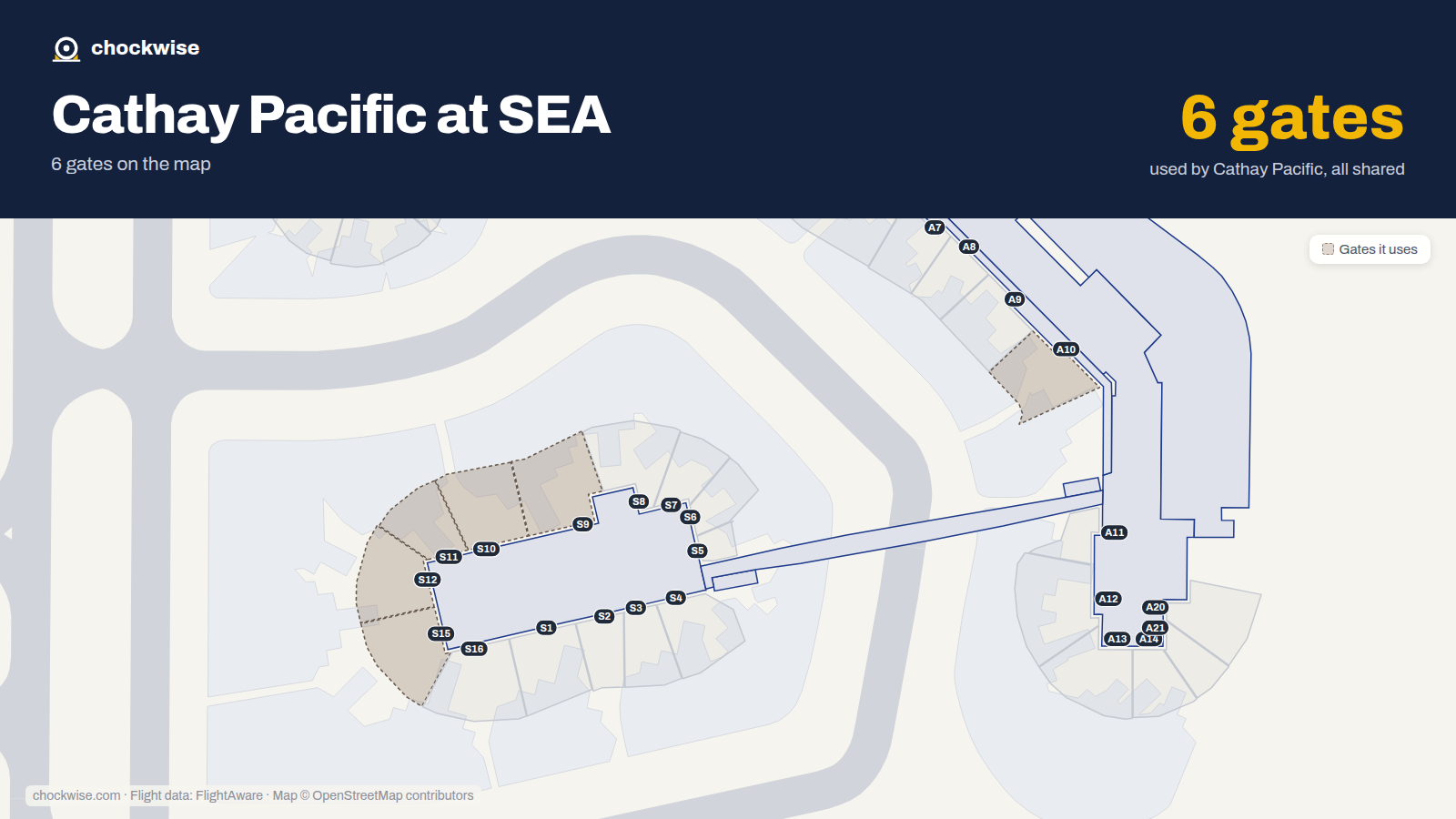 Map of SEA with the gates Cathay Pacific uses highlighted: S9, A10, S10, S11, S12 and S15.