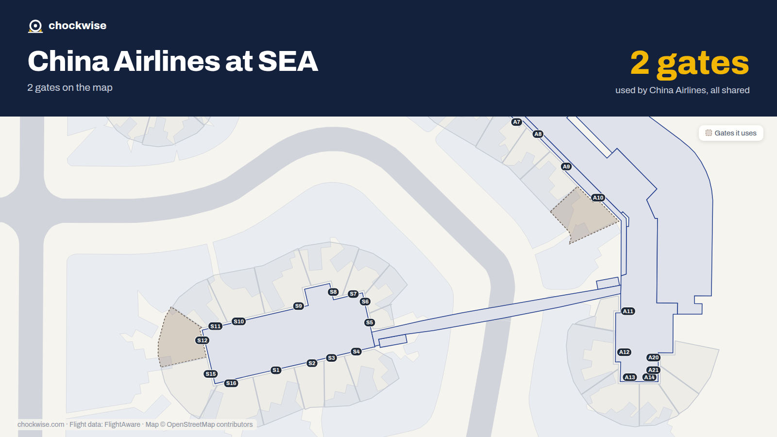 Map of SEA with the gates China Airlines uses highlighted: A10 and S12.
