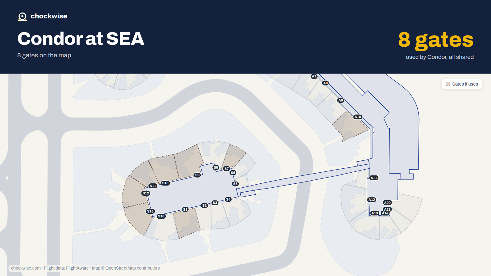 Map of SEA with the gates Condor uses highlighted: S1, S7, S9, A10, S10, S11, S12 and S15.
