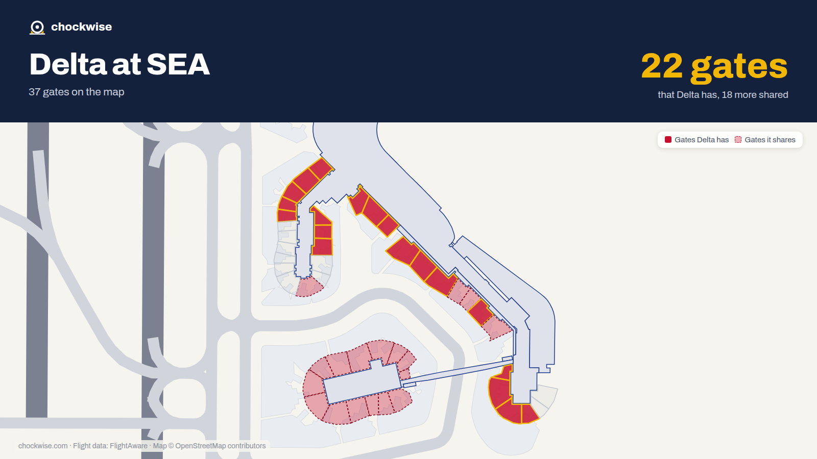 Map of SEA with the gates Delta Air Lines uses highlighted: A1, B1, A2, A3, B3, A4, B4, A5 and 11 more.