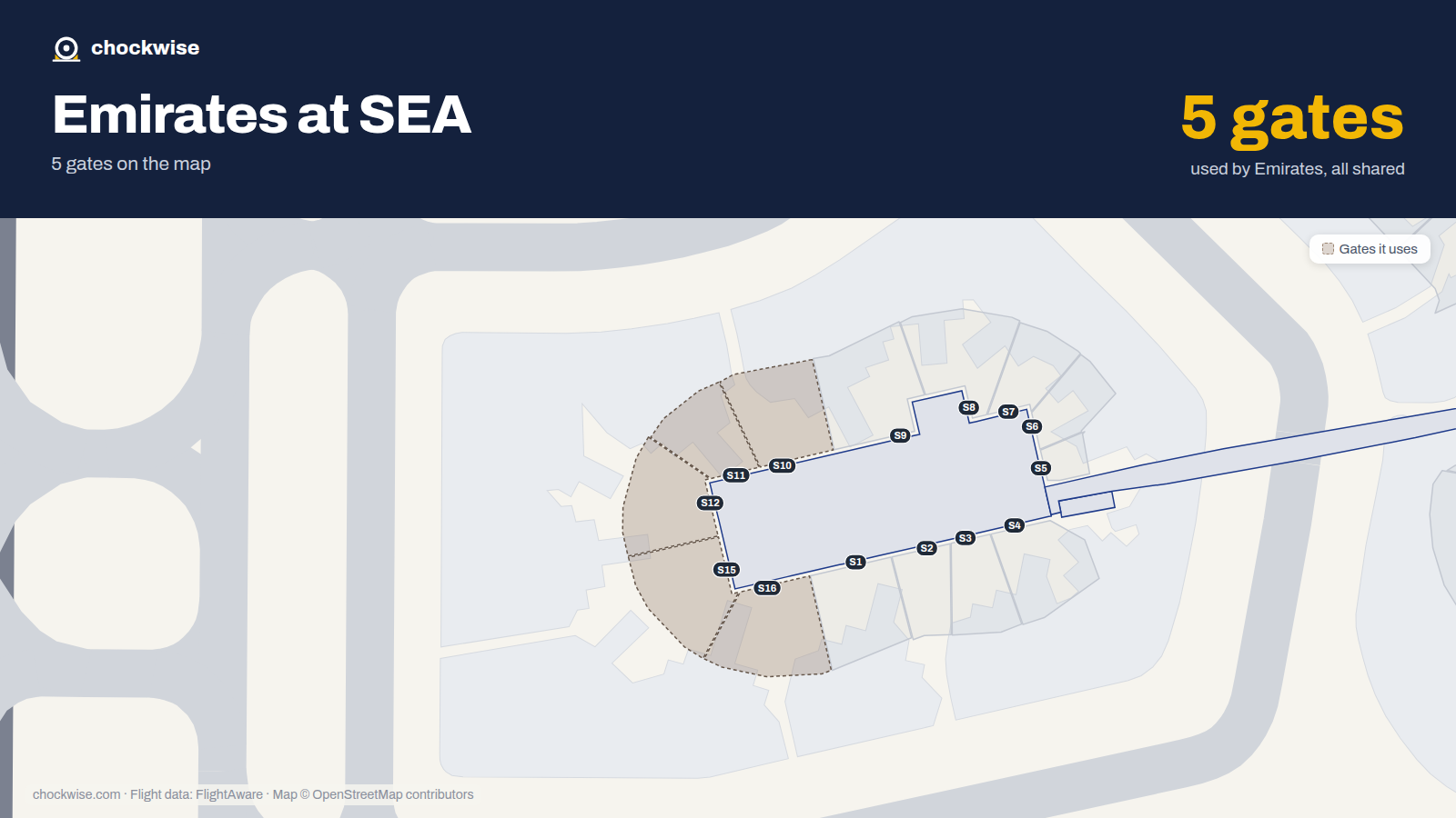 Map of SEA with the gates Emirates uses highlighted: S10, S11, S12, S15 and S16.