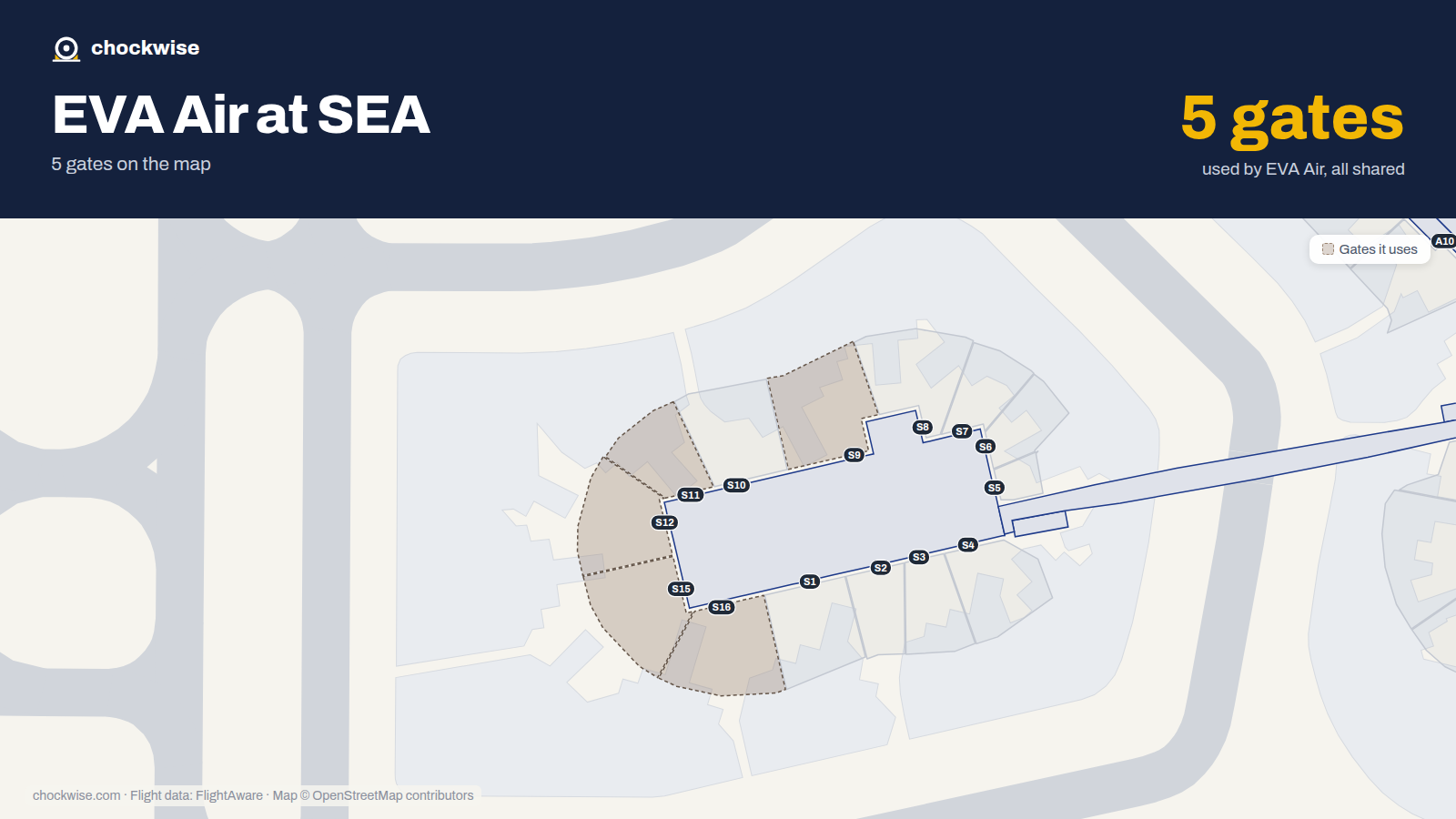 Map of SEA with the gates EVA Air uses highlighted: S9, S11, S12, S15 and S16.