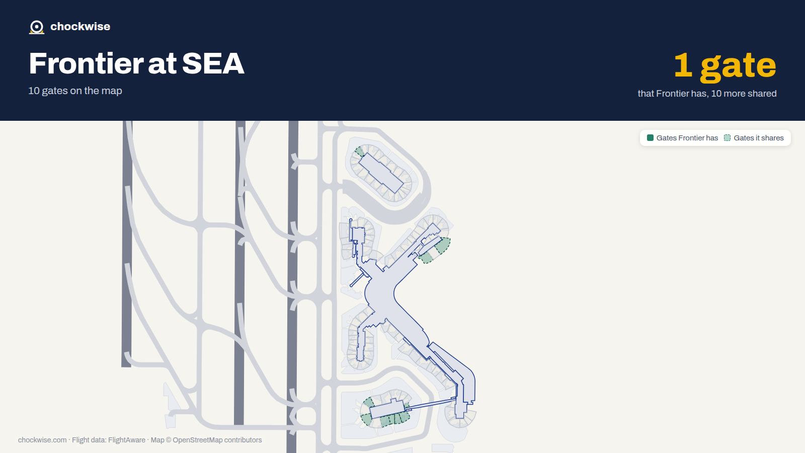 Map of SEA with the gates Frontier Airlines uses highlighted: S1, S1B, S2, S3, S3A, S4, S4A, S5 and 10 more.