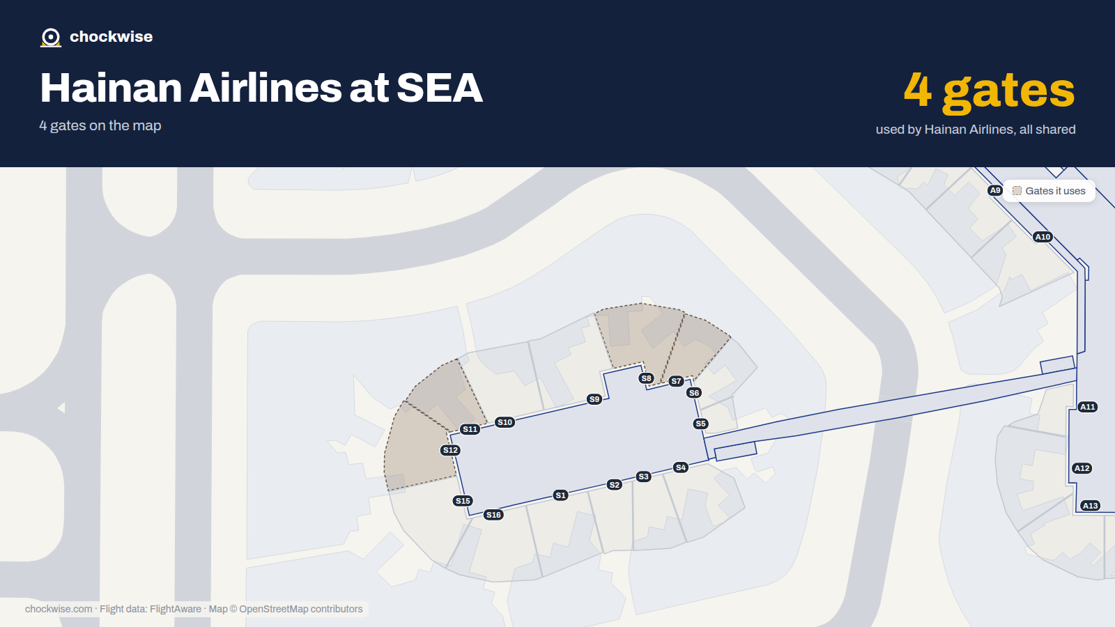 Map of SEA with the gates Hainan Airlines uses highlighted: S7, S8, S11 and S12.