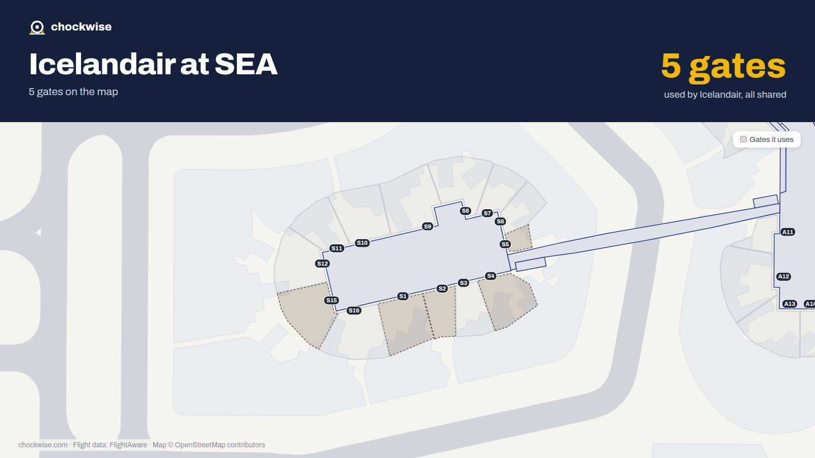 Map of SEA with the gates Icelandair uses highlighted: S1, S2, S4, S5 and S15.