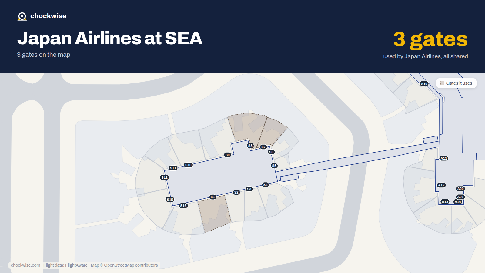 Map of SEA with the gates Japan Airlines uses highlighted: S1, S7 and S8.