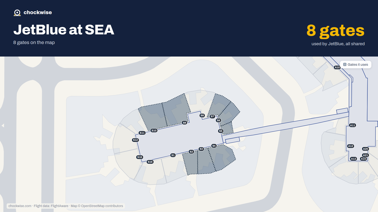 Map of SEA with the gates JetBlue uses highlighted: S2, S2A, S3, S3A, S4, S4A, S5, S6 and 7 more.
