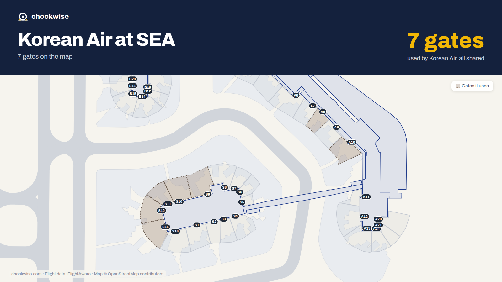 Map of SEA with the gates Korean Air uses highlighted: A8, S9, A10, S10, S11, S12 and S15.
