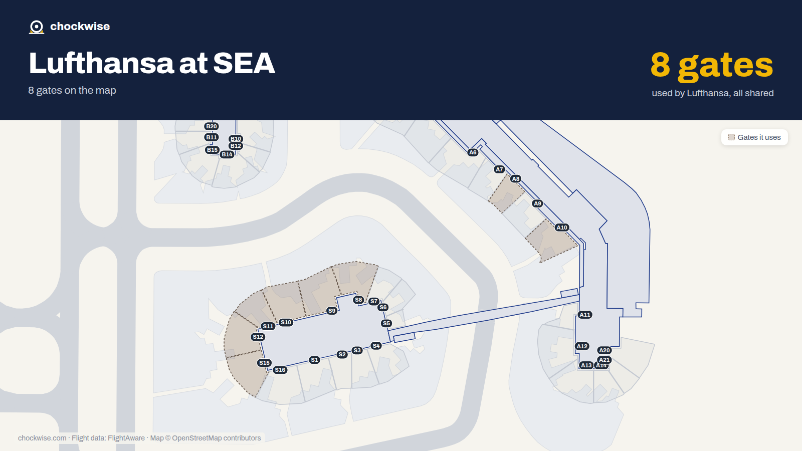 Map of SEA with the gates Lufthansa uses highlighted: A8, S8, S9, A10, S10, S11, S12 and S15.