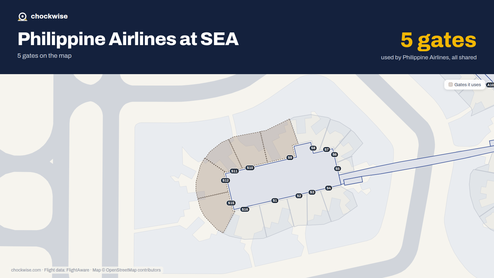 Map of SEA with the gates Philippine Airlines uses highlighted: S9, S10, S11, S12 and S15.
