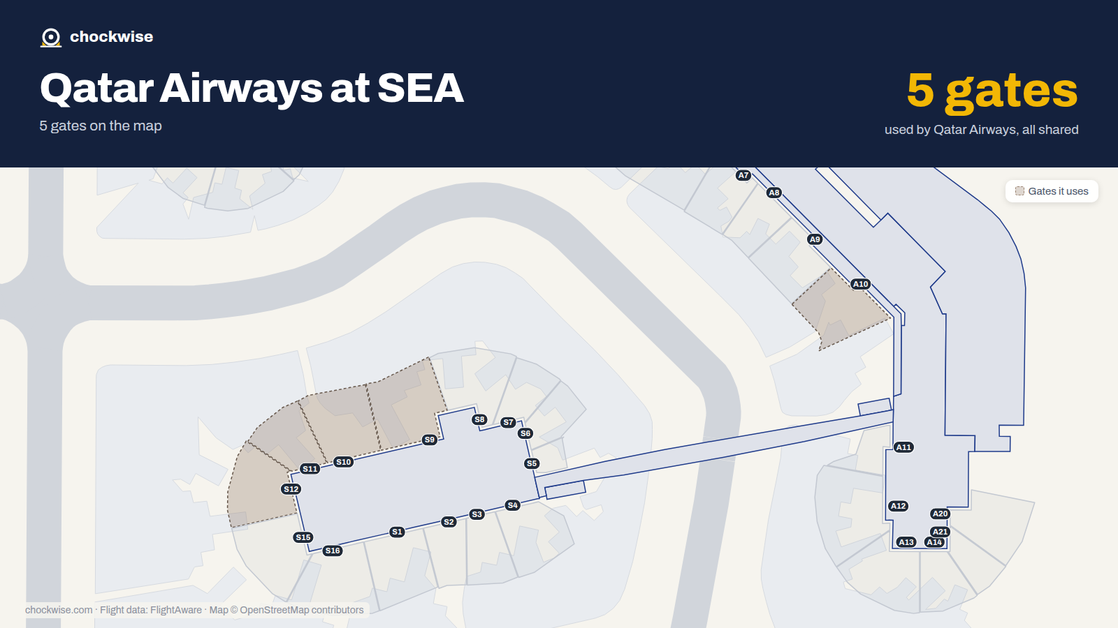 Map of SEA with the gates Qatar Airways uses highlighted: S9, A10, S10, S11 and S12.
