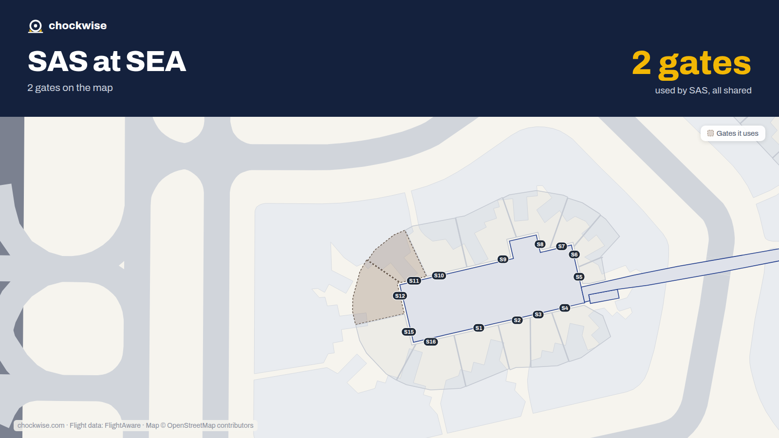 Map of SEA with the gates SAS Scandinavian Airlines uses highlighted: S11 and S12.