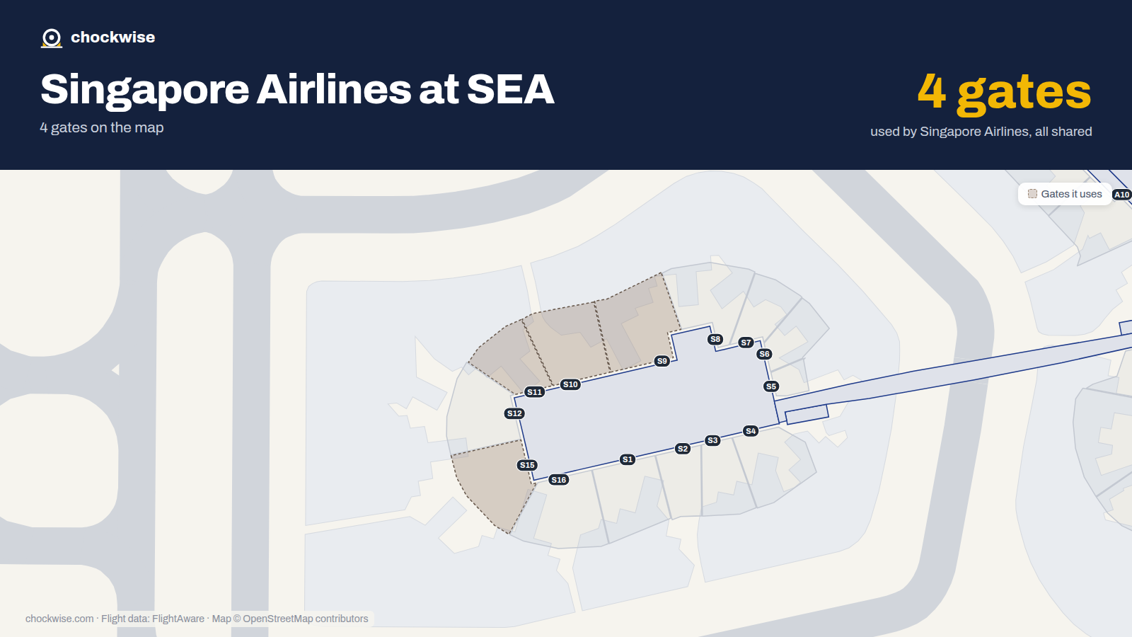 Map of SEA with the gates Singapore Airlines uses highlighted: S9, S10, S11 and S15.