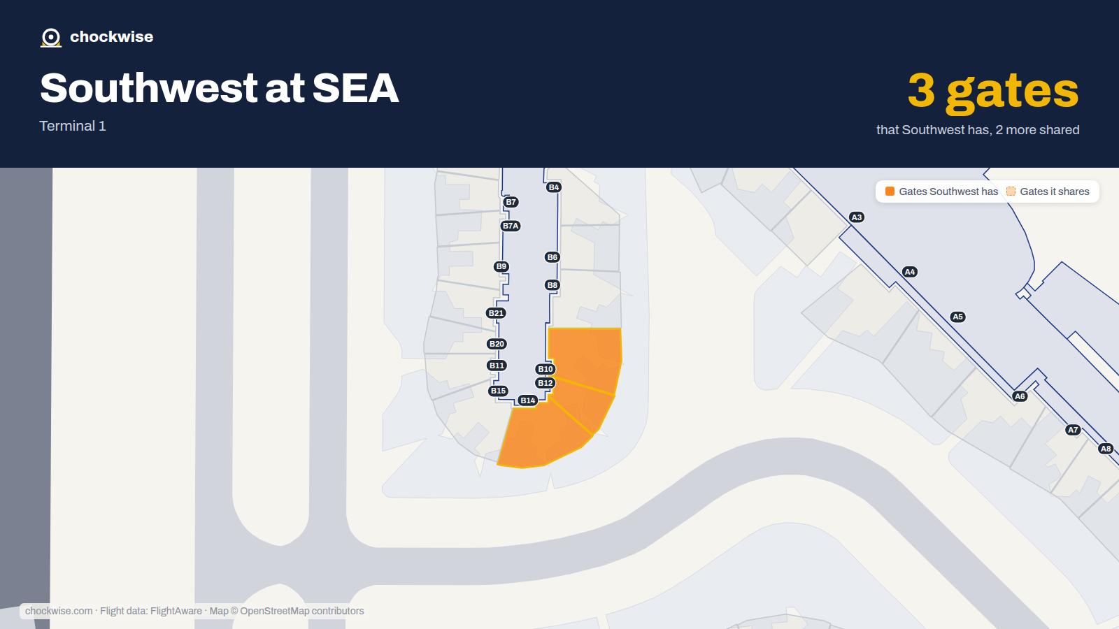 Map of SEA with the gates Southwest Airlines uses highlighted: B10, B12 and B14.
