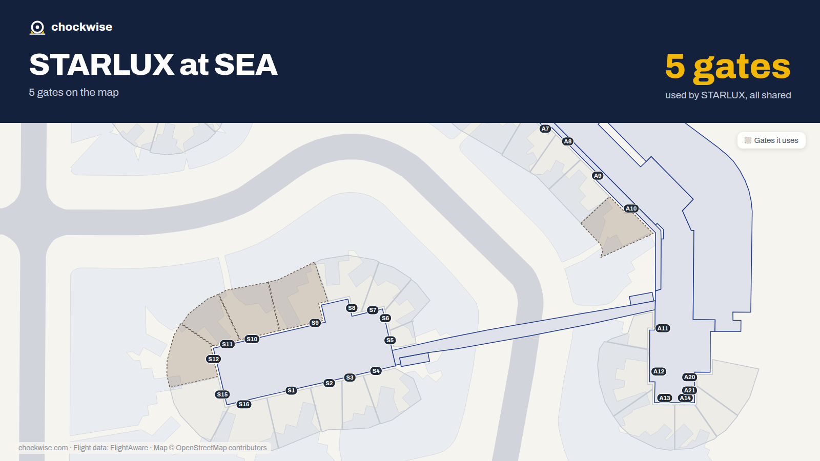 Map of SEA with the gates STARLUX Airlines uses highlighted: S9, A10, S10, S11 and S12.