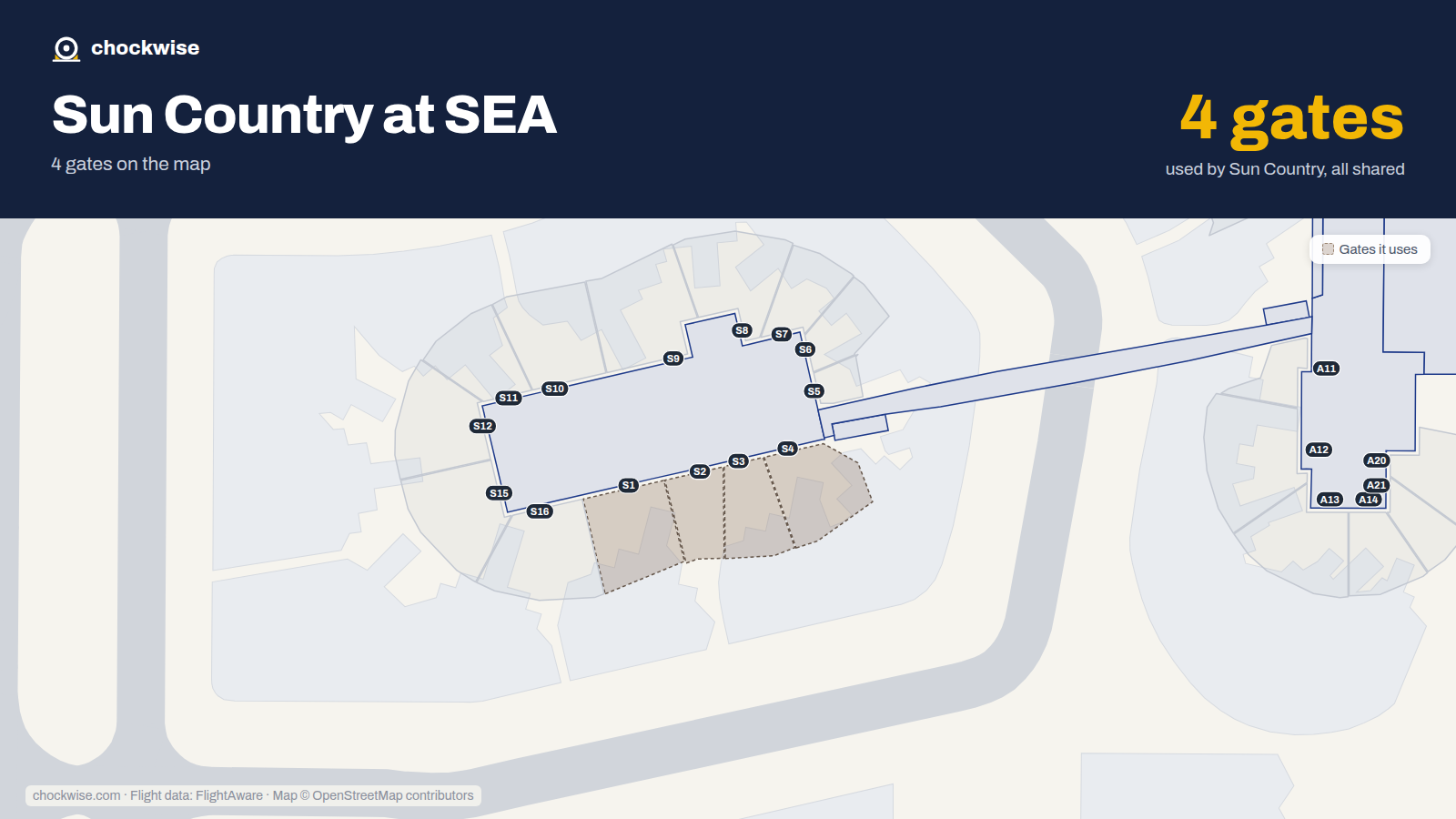 Map of SEA with the gates Sun Country Airlines uses highlighted: S1, S1B, S2, S3 and S4.