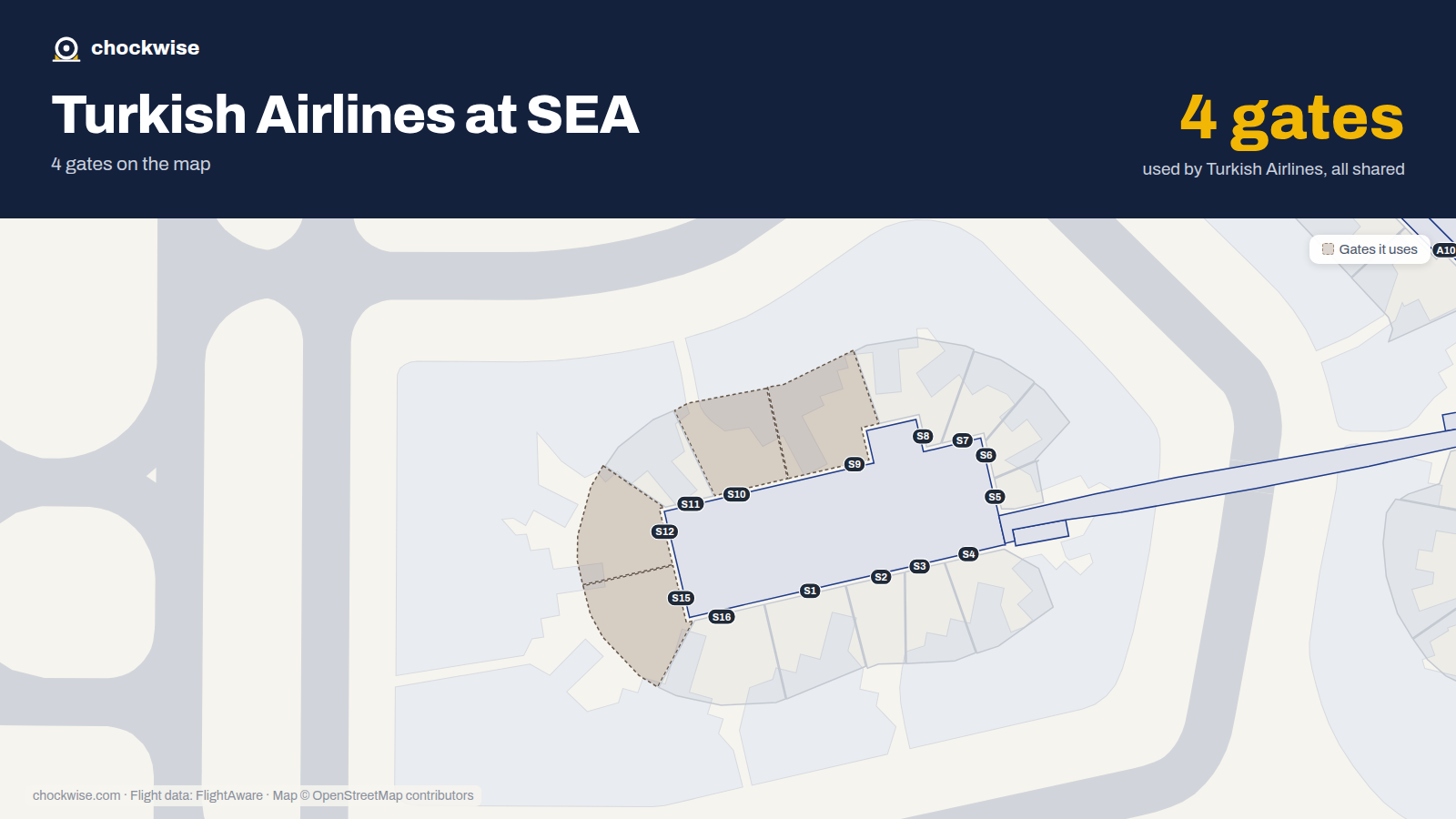 Map of SEA with the gates Turkish Airlines uses highlighted: S9, S10, S12 and S15.