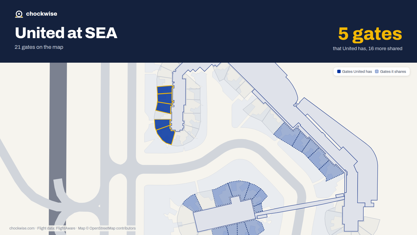 Map of SEA with the gates United Airlines uses highlighted: B7A, B9, B11, B15 and B21.
