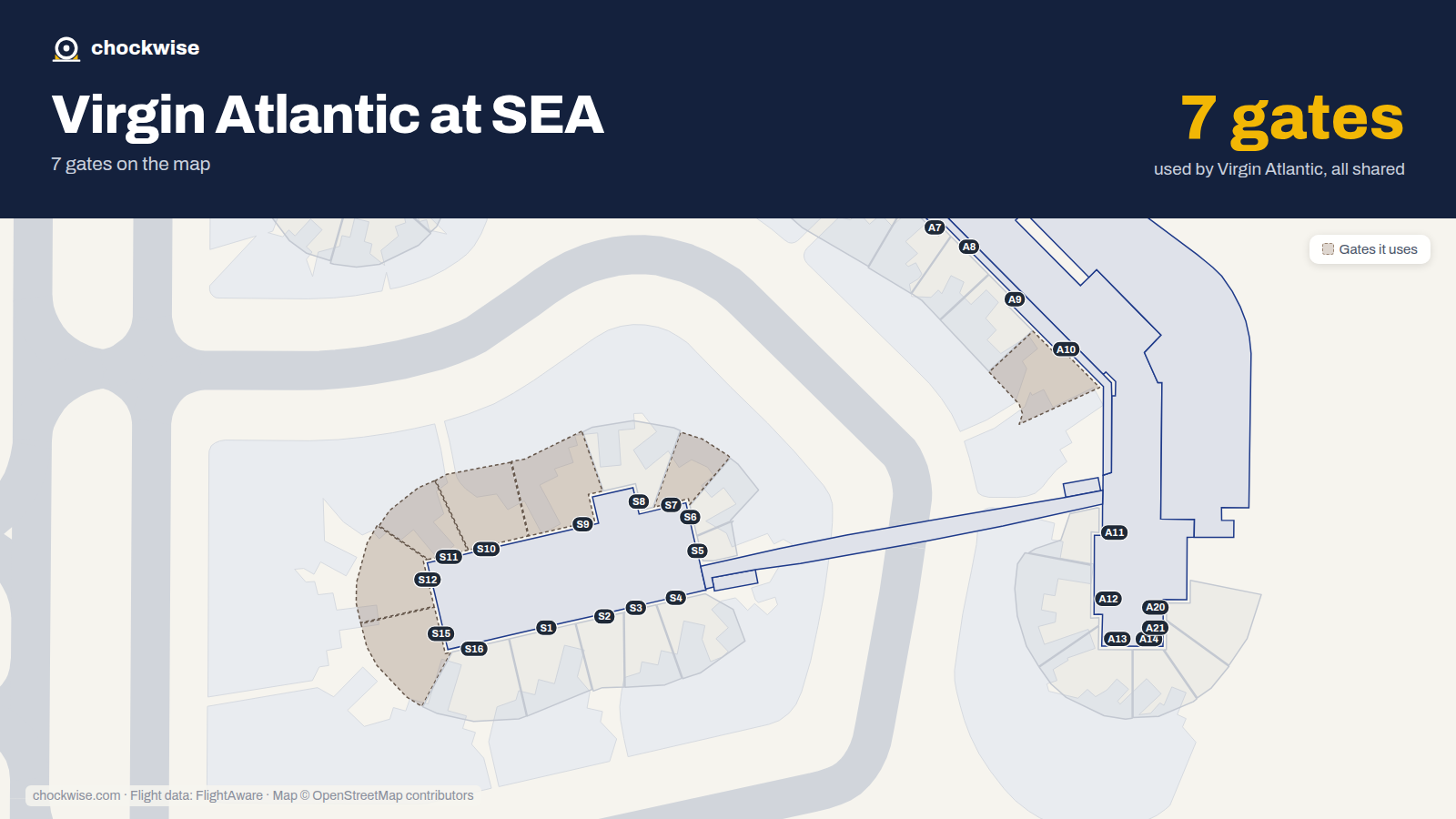 Map of SEA with the gates Virgin Atlantic uses highlighted: S7, S9, A10, S10, S11, S12 and S15.