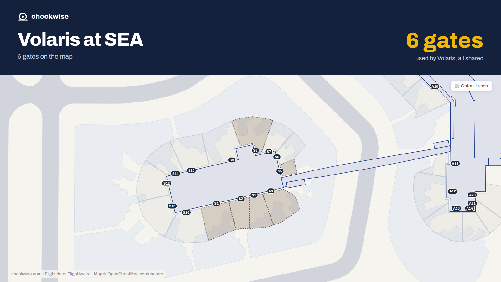 Map of SEA with the gates Volaris uses highlighted: S1, S2, S3, S4, S5 and S8.