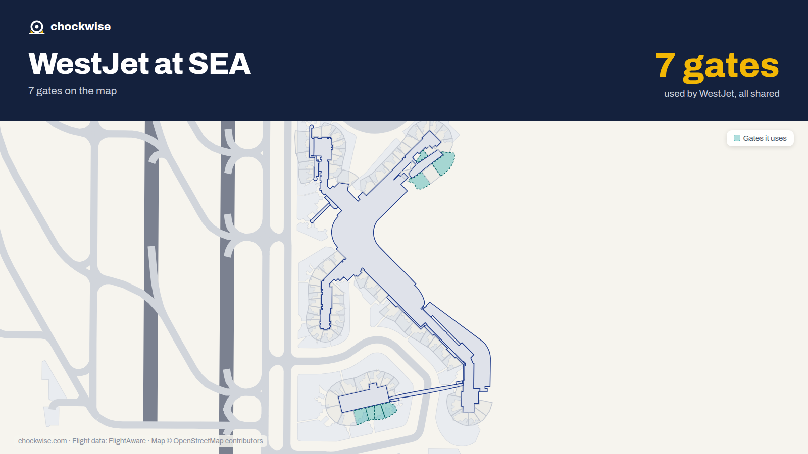 Map of SEA with the gates WestJet uses highlighted: S1, S1B, S2, S3, S3A, S4, S4A, D22 and 4 more.