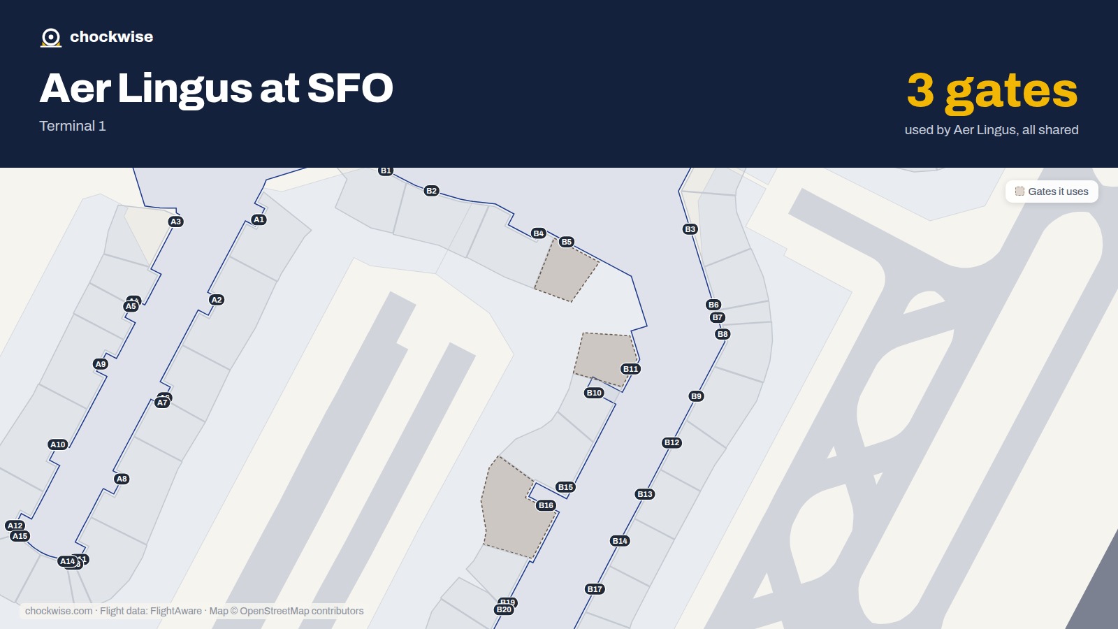 Map of SFO with the gates Aer Lingus uses highlighted: B5, B11 and B16.