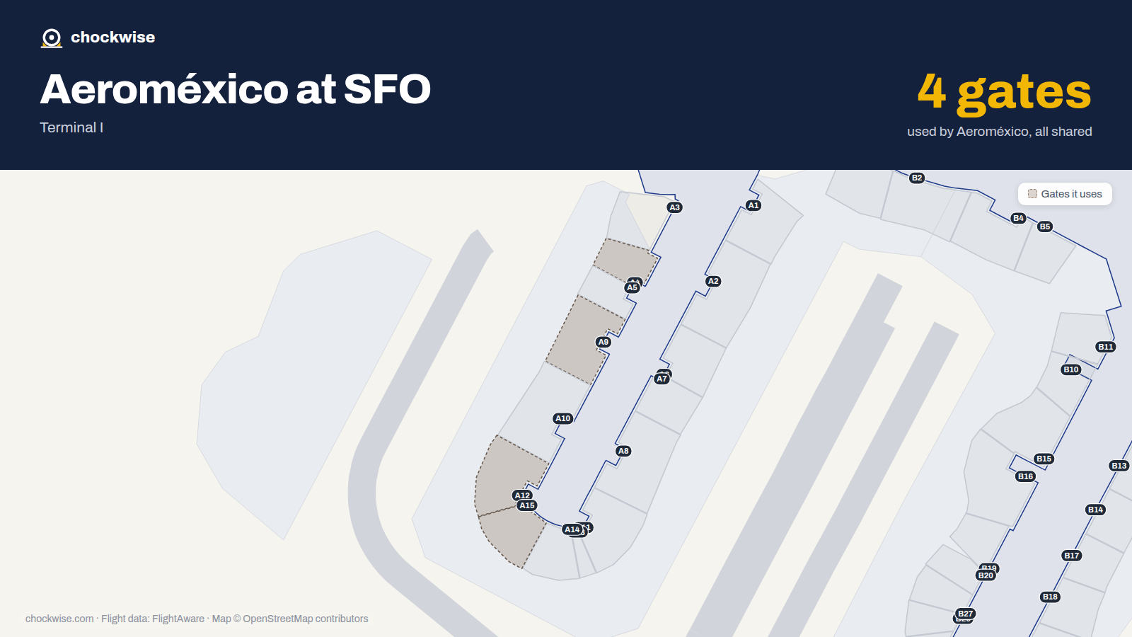 Map of SFO with the gates Aeroméxico uses highlighted: A4, A9, A12 and A15.