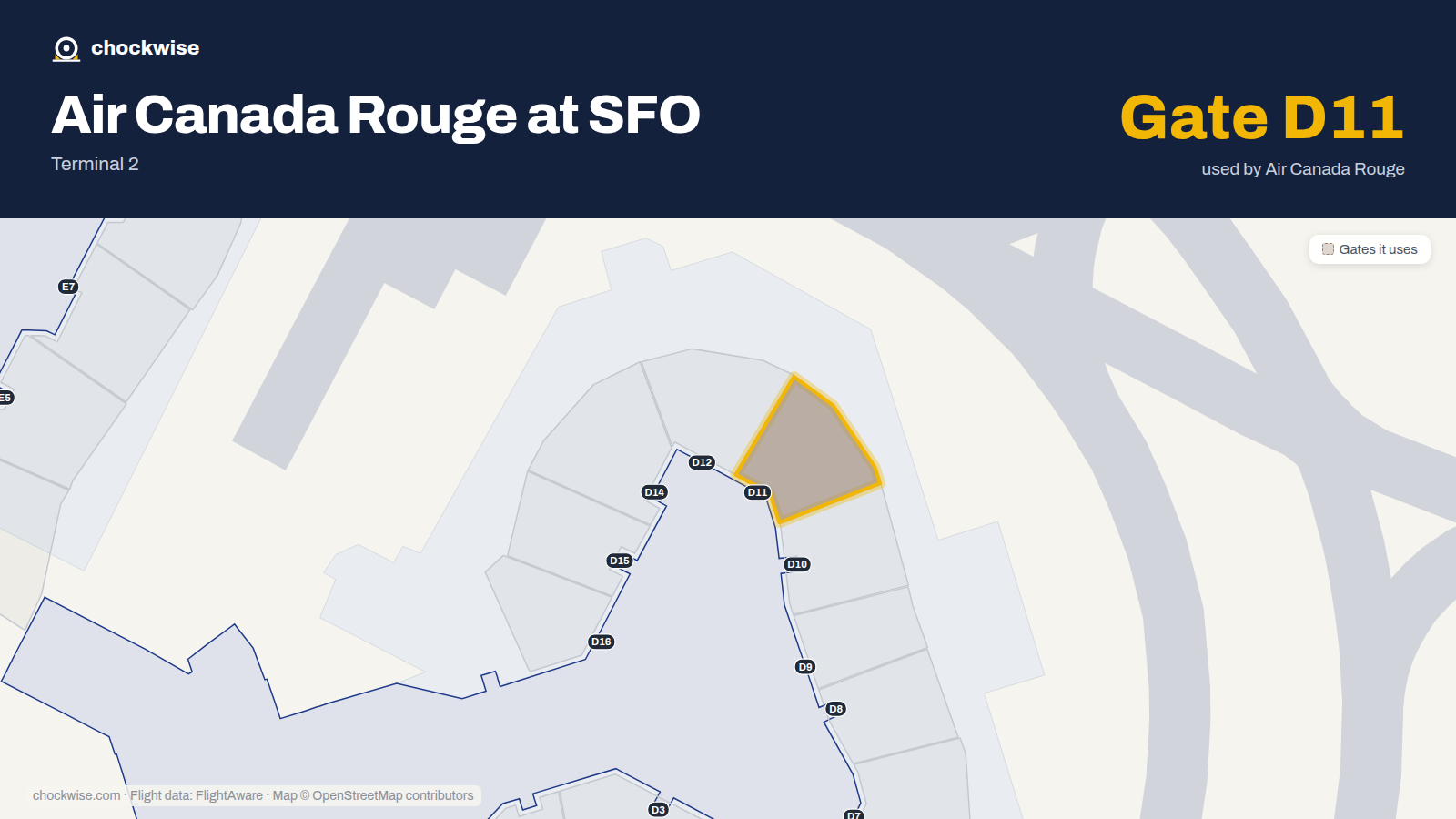 Map of SFO with the gates Air Canada Rouge uses highlighted: D11.