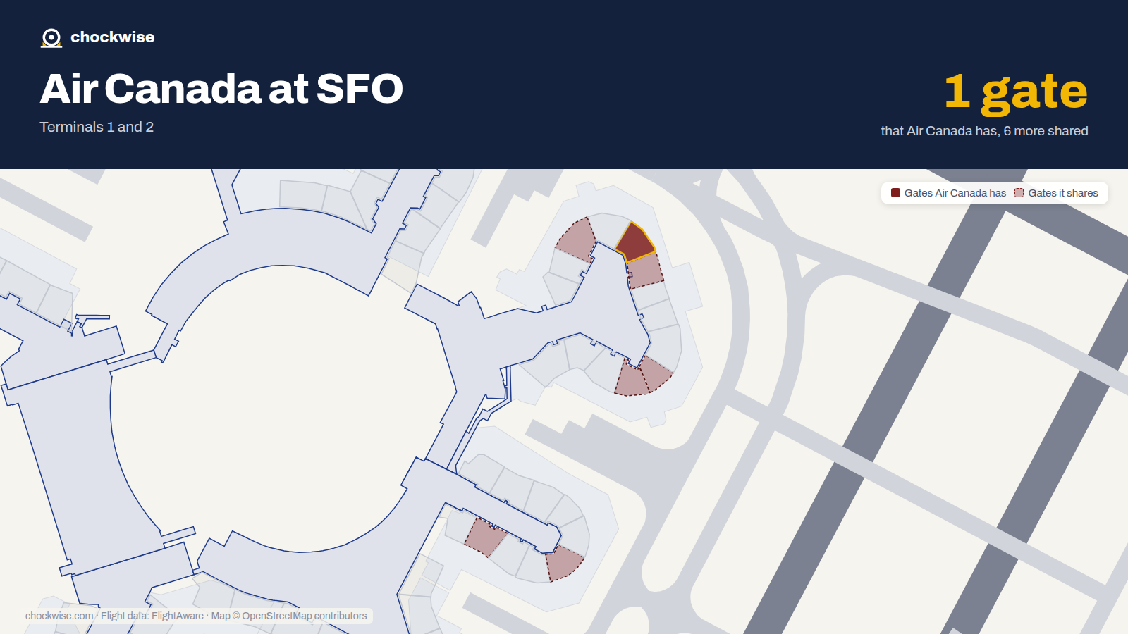 Map of SFO with the gates Air Canada uses highlighted: D11.