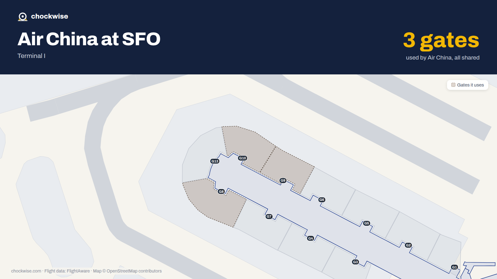 Map of SFO with the gates Air China uses highlighted: G8, G9 and G10.