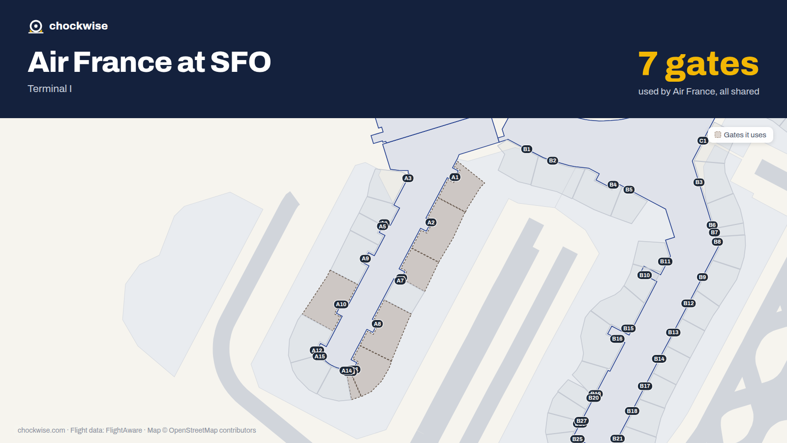 Map of SFO with the gates Air France uses highlighted: A1, A2, A6, A8, A10, A11 and A13.